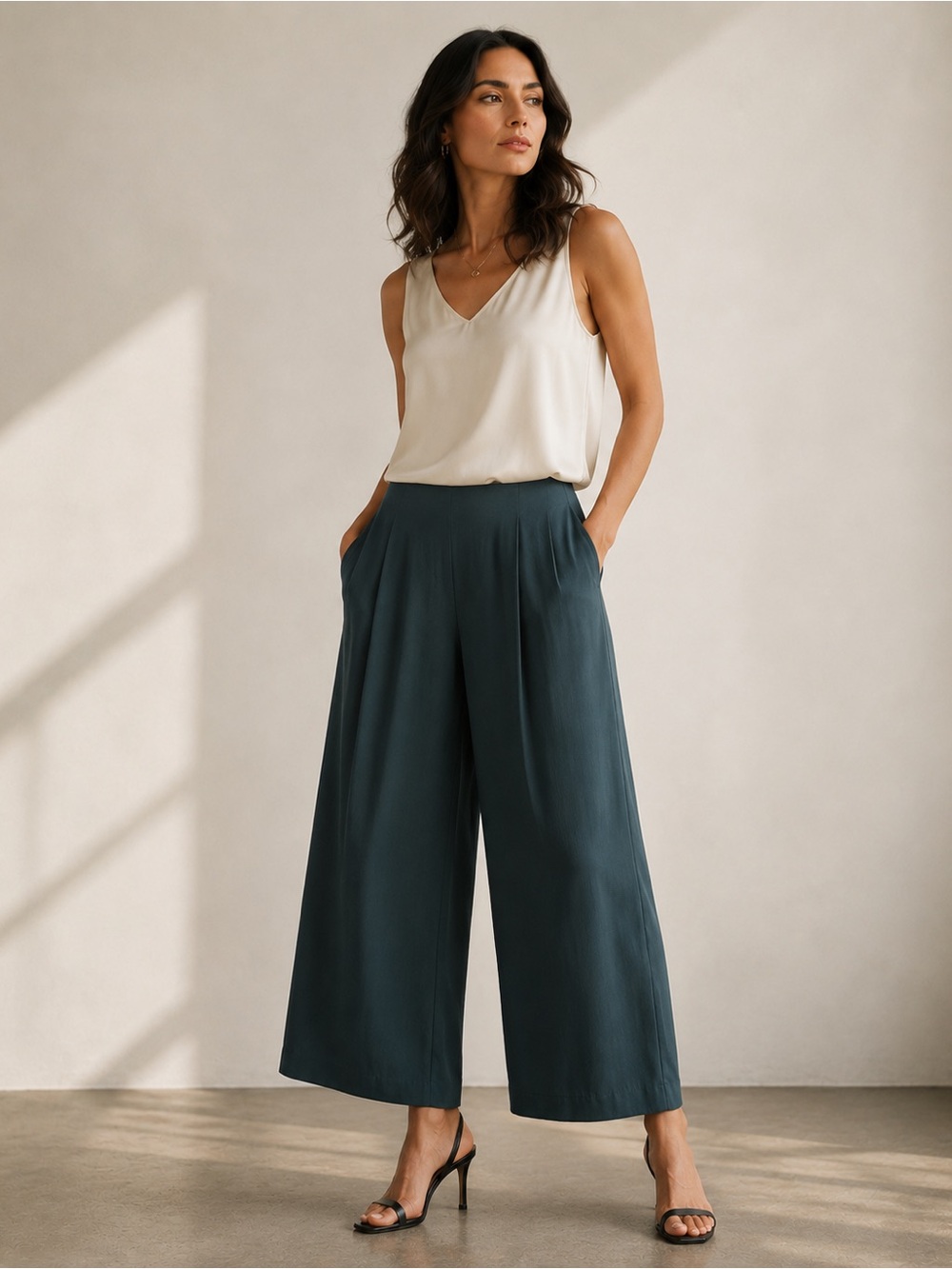 Theory 100% Silk Wide Leg Cropped Trousers Blue Spruce Forest Teal Sz 4